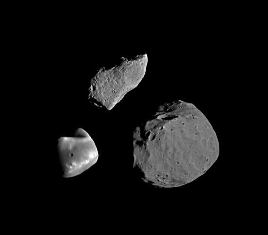 Gaspra, Deimos, and Phobos Comparison