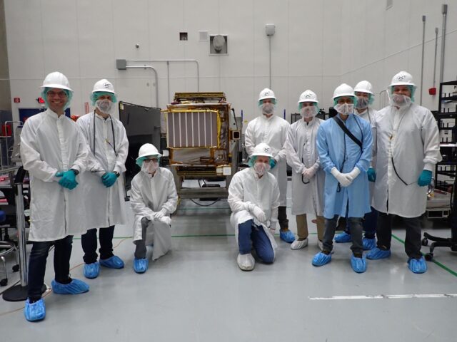 NASA's Lunar Trailblazer Team Members Pose With Spacecraft